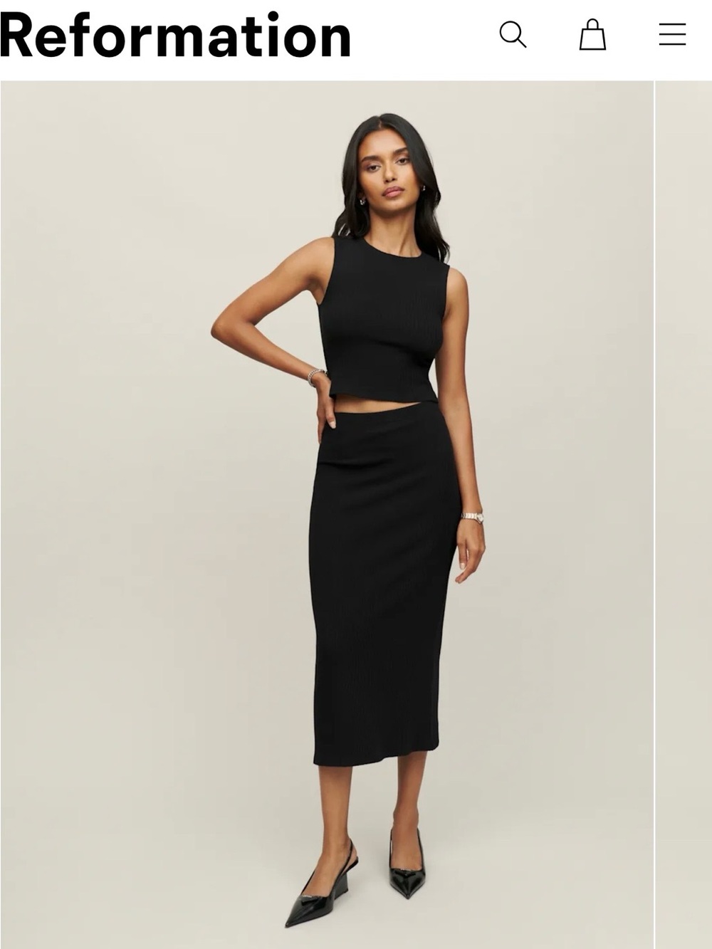 Reformation Black Ribbed Midi Skirt — Sleek Ribbed Knit
